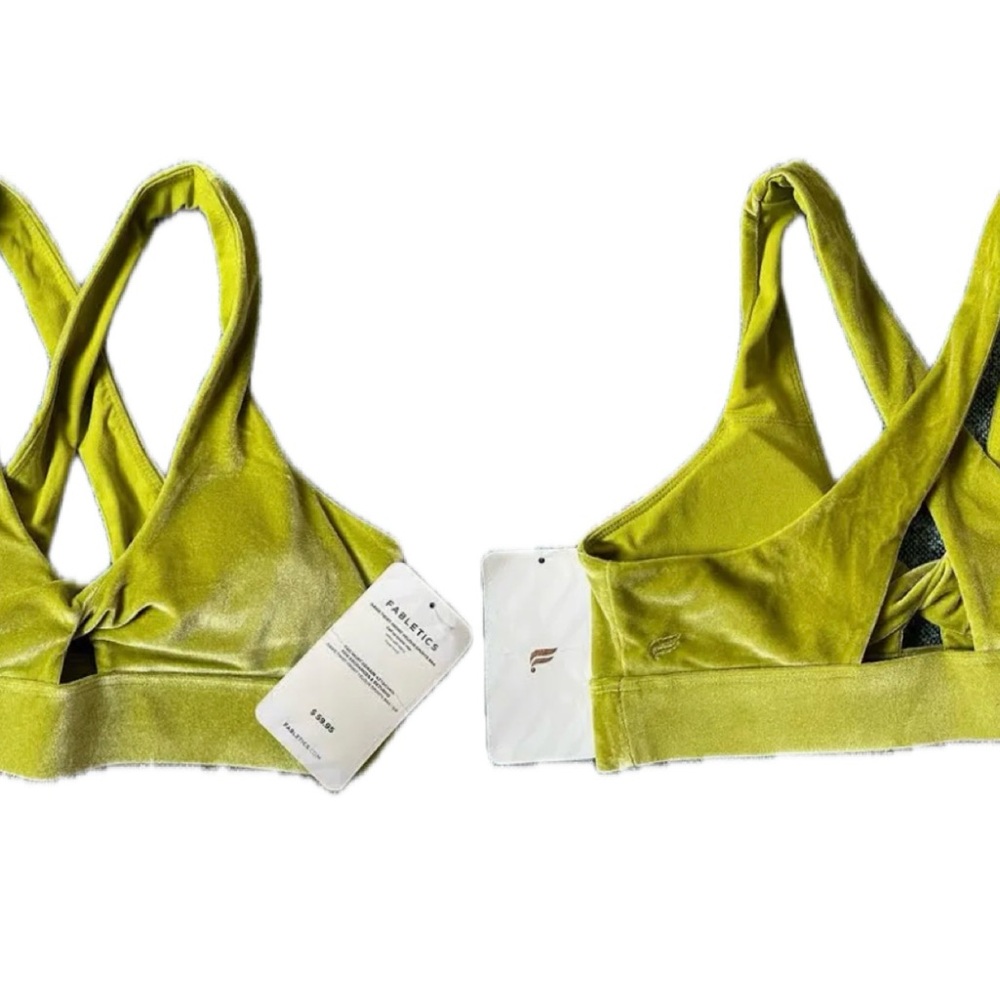 Fabletics Oasis Velour Sports Bra in Lime Green with X Back, Deep V front 2X